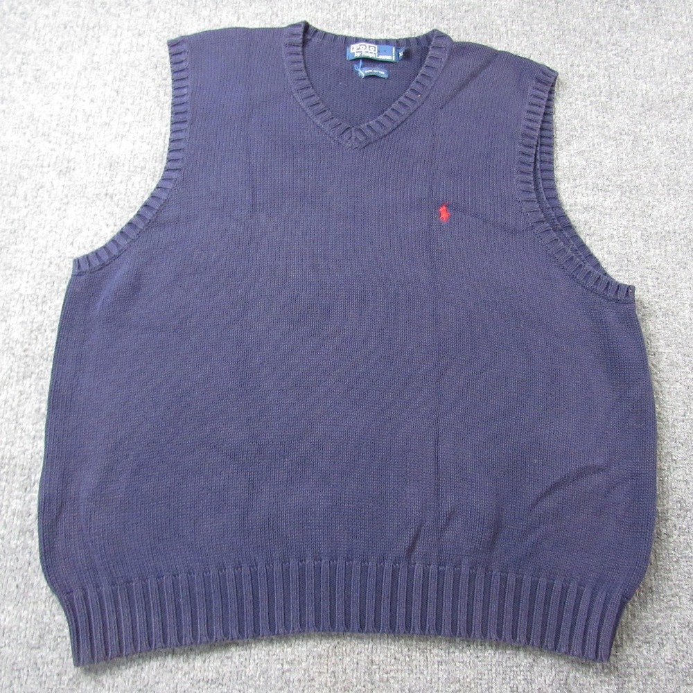 Polo Ralph Lauren Sweater Vest Mens 2XL Navy V Neck Cotton Knit Red Pony